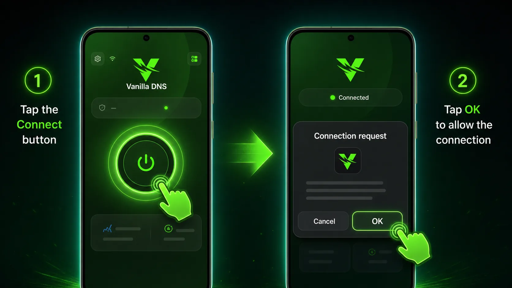 آموزش اتصال با اپ وانیلا DNS در اندروید با لمس دکمه روشن و تأیید پیام Connection request