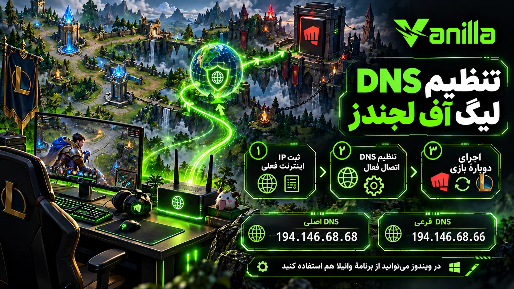 تنظیم DNS لیگ آف لجندز با ثبت IP اینترنت، تنظیم DNS اتصال فعال و اجرای دوبارهٔ بازی؛ آدرس‌های اصلی و فرعی وانیلا